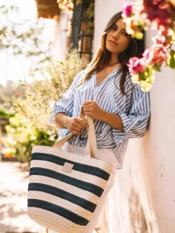 DESI - Large women's raffia bag with sailor stripes