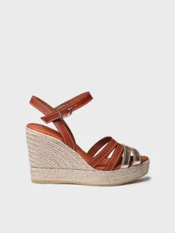 OCTAVIA - Open espadrille for women in platinum colour and leather with wedge