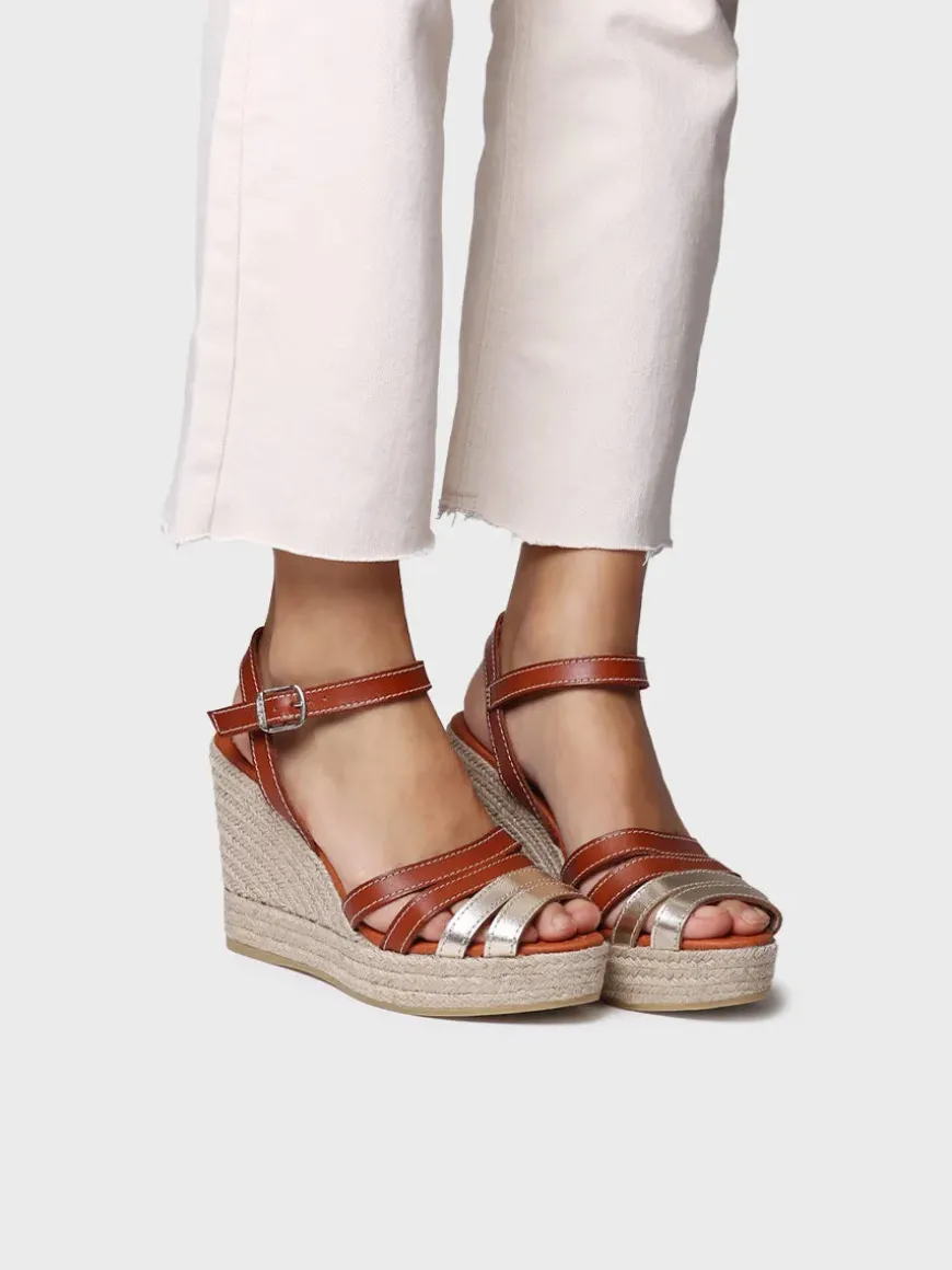OCTAVIA - Open espadrille for women in platinum colour and leather with wedge